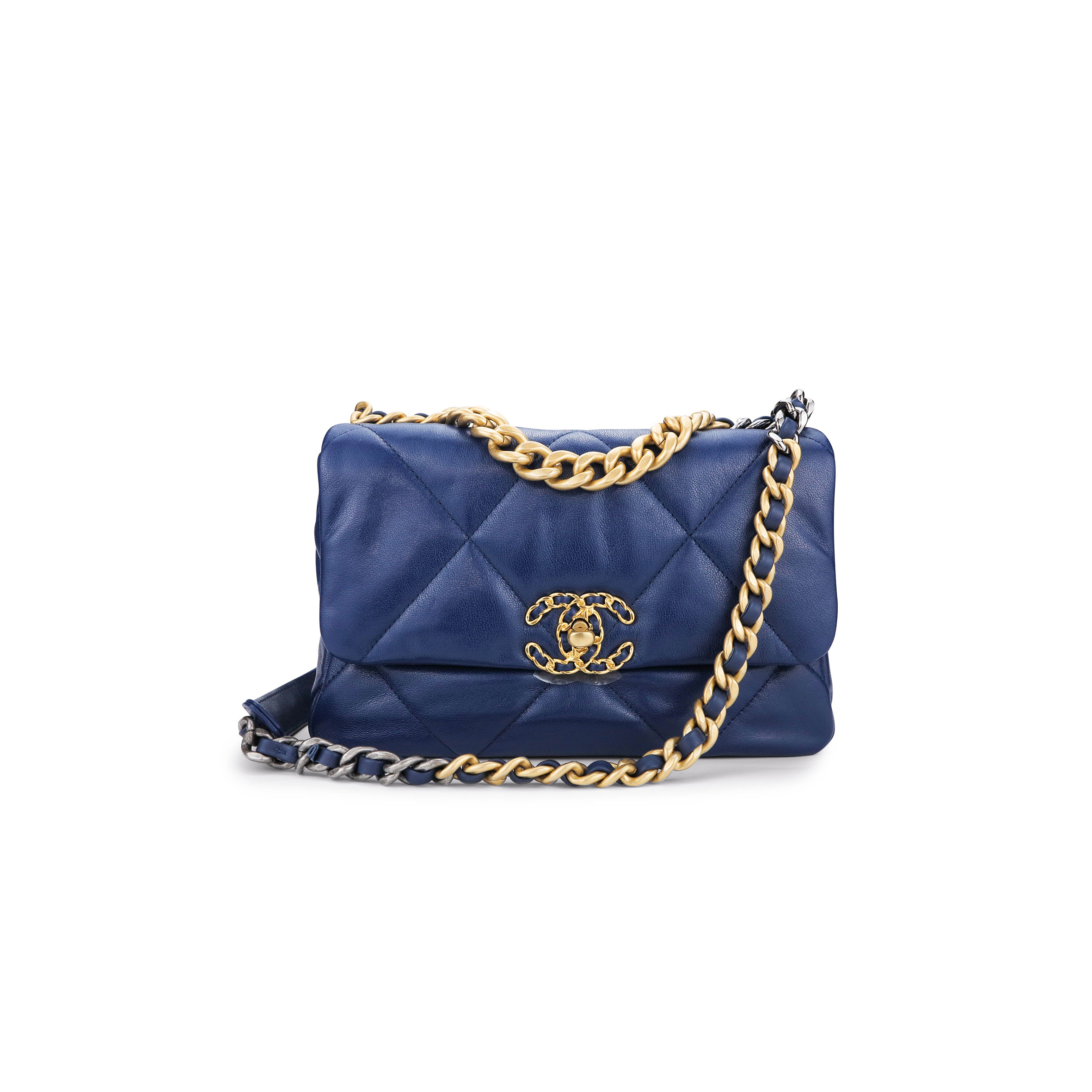 Ch*el 19 flap bag in navy blue lambskin as1160 (26*16*9cm)